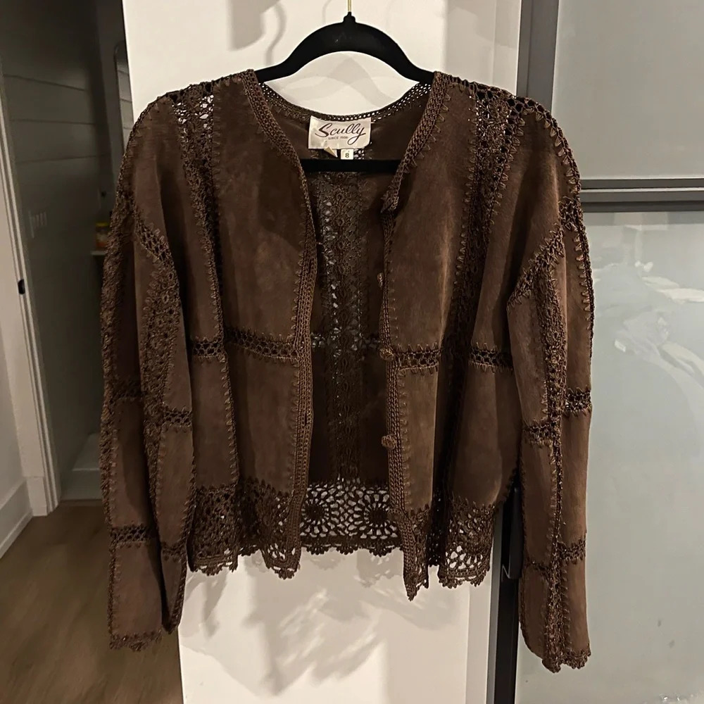 Vintage Scully Leather Suede Crotchet Patchwork Jacket - Size 8 - Picture 2 of 8